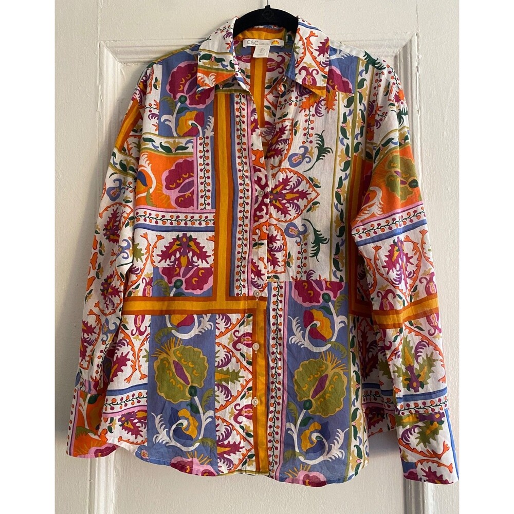 C&C California tropical calypso style 100% Cotton floral print button shirt -L-